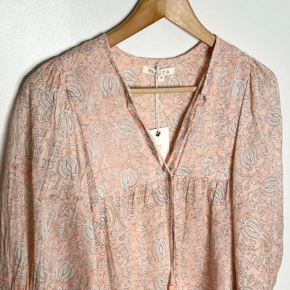 Marea Puff Sleeve Steph Top Small Blush Pink Floral V Neck Boho Tasseled Cotton - Picture 5 of 11